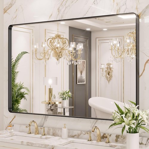 LOAAO Black Metal Framed Bathroom Mirror - 48x40 Inch Rounded Rectangle | Anti-Rust, Versatile Hanging Options