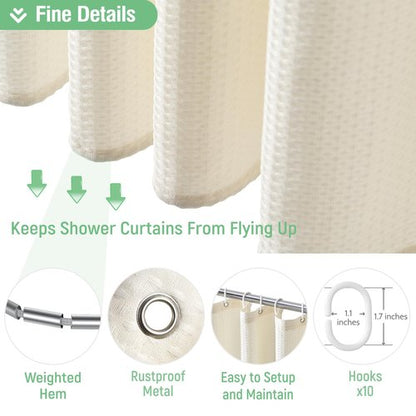 Dynamene Stall Fabric Shower Curtain - 54 inch Wide Waffle Weave Weighted Thick Cloth Shower Curtains for Bathroom, Heavy Duty Hotel Spa Luxury Bath Curtain Set with 10 Hooks, 54x72, Cream/Ivory