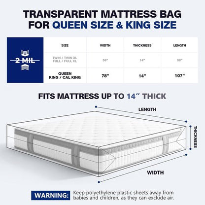 Mattress Bags for Moving & Storage by [Brand Name] - Waterproof, Tear-Resistant, 107" x 78" x 14" for King/Queen Size