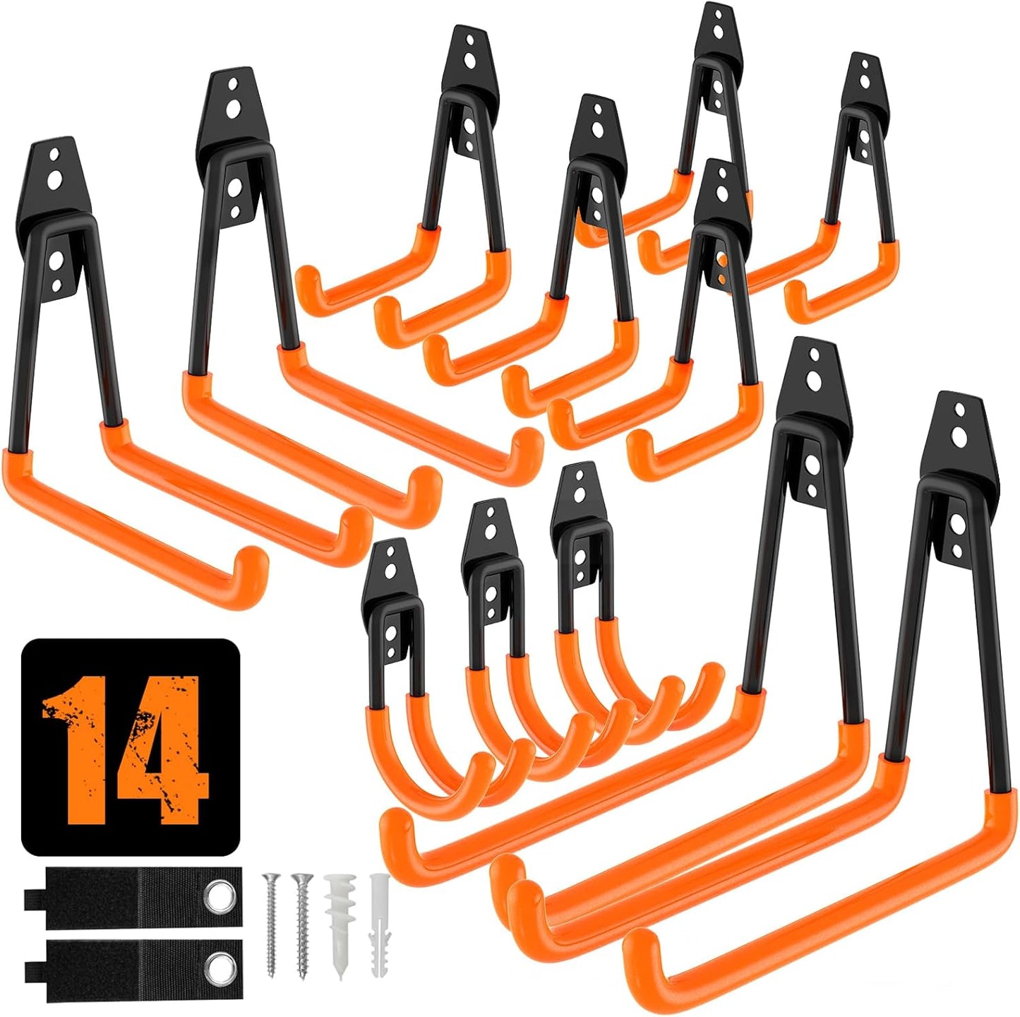 QcoQce Heavy-Duty Garage Hooks - 14 Pack Wall Mount Storage Solution for Bikes, Ladders & Tools | Orange