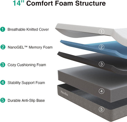 Novilla 14-Inch King Size Memory Foam Mattress - Plush Comfort & Pressure Relief | Bliss Grey