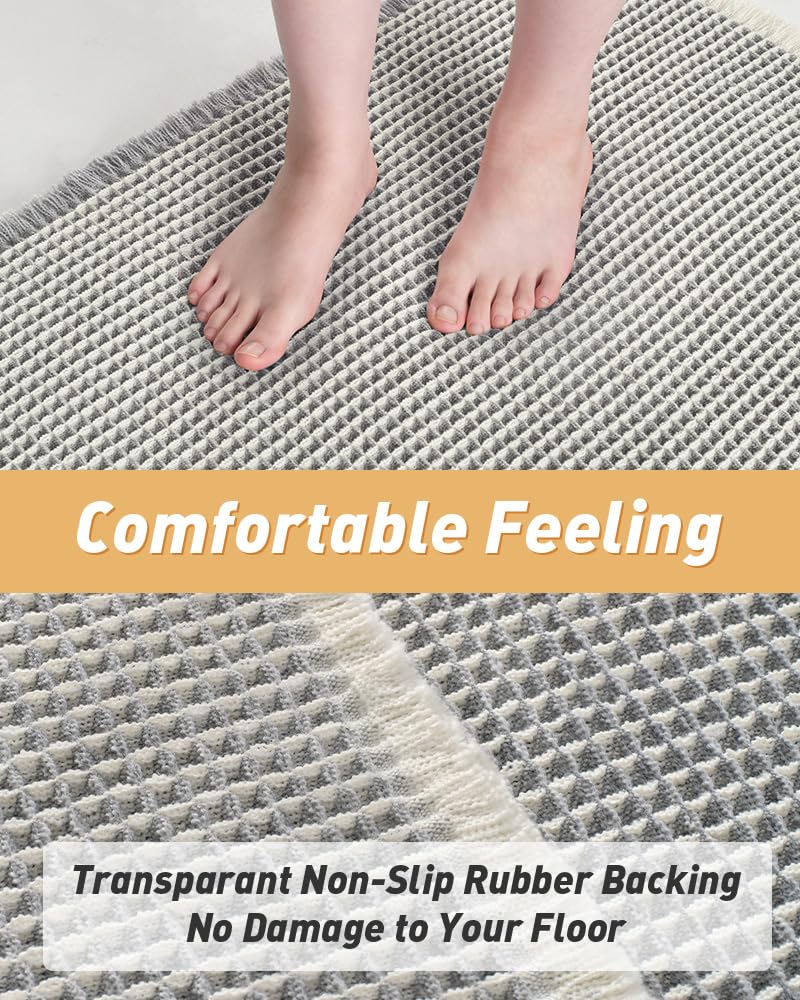 Upgraded Waffle Bath Mat, Super Absorbent Non Slip Bath Mats for Bathroom Floor, Machine Washable Bathroom Rugs with Tassels, Rubber Backed Bathroom Mats, Ultra Soft, 18" x 30",LightGrey & Cream