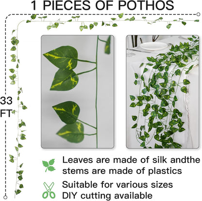 Suddus Artificial Pothos Leaves - 33 Feet Faux Greenery Hanging Garland for Home & Garden Decor
