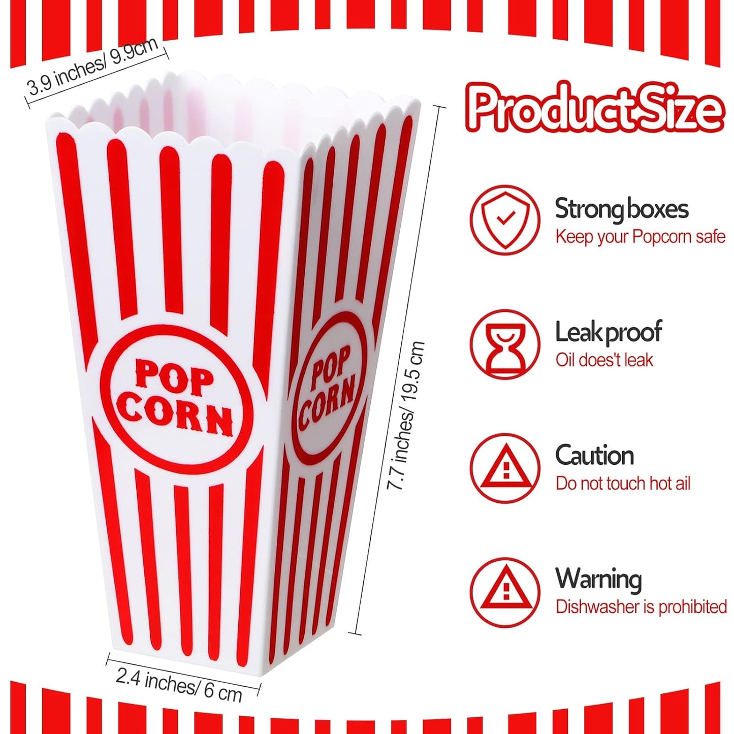 Yuxung 30 Pack Plastic Popcorn Boxes - Classic Red and White Striped Buckets for Movie Night | 7.7 x 3.9 x 2.4 Inch