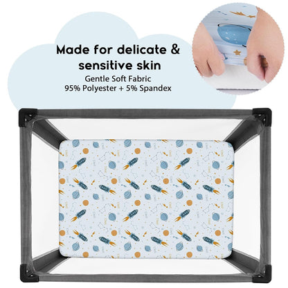Yoofoss Fitted Pack and Play Sheets - Soft, Breathable Mini Crib Sheets 2-Pack in Blue Rocket Design
