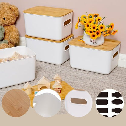 Citylife Storage Bins - Stackable 7QT Plastic Organizer Boxes with Bamboo Lids | 4 Pack, 10" L x 7" W x 5.8" H