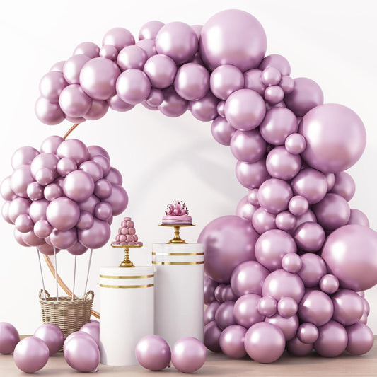 RUBFAC Metallic Pink Balloons - 129-Piece Latex Chrome Balloon Garland Kit for Parties & Events