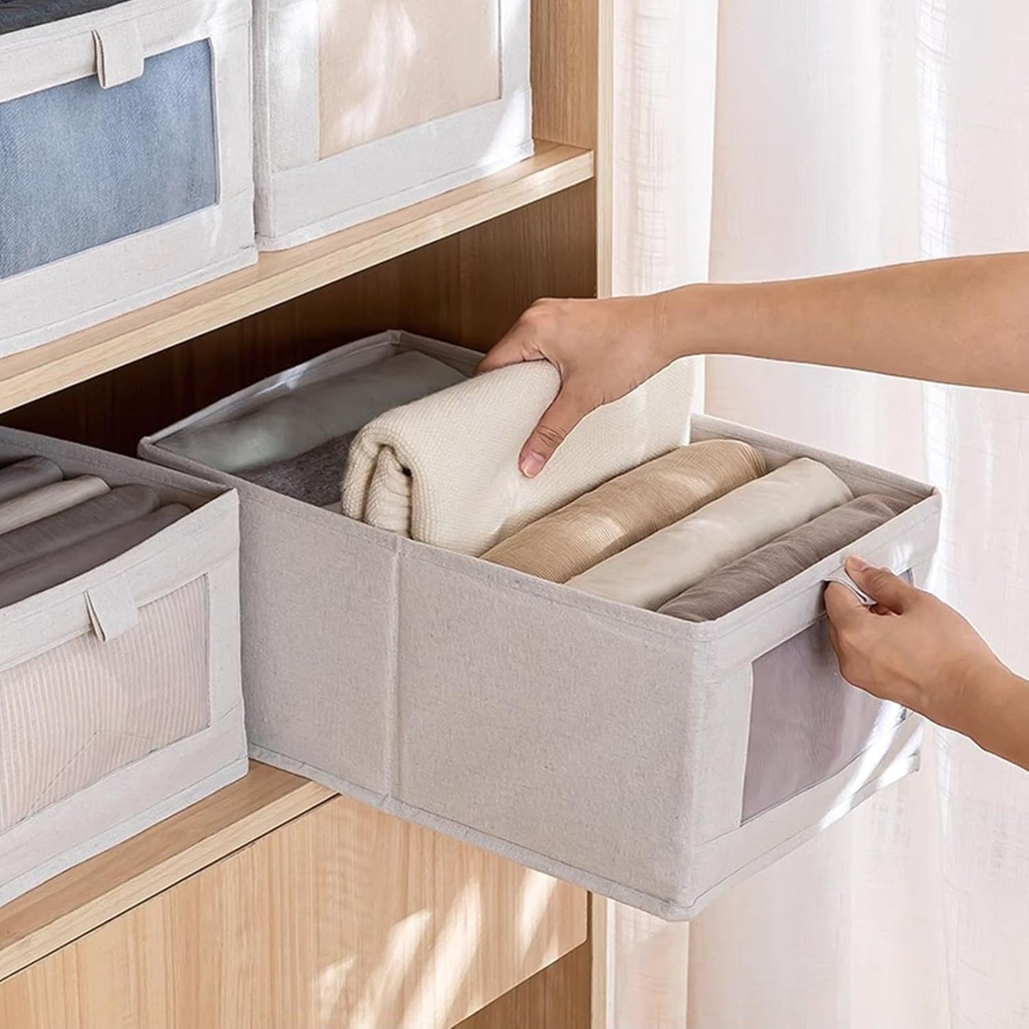 Pradnel Linen Closet Organizers - 4 Pack Foldable Storage Bins with Clear Window for Clothing & Jeans