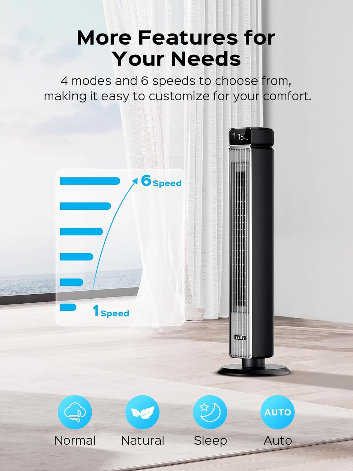 Tower Fan - 40-Inch Oscillating Cooling Fan with Remote, 30dB Quiet Operation, 6 Speeds & 12H Timer