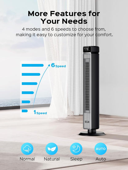 Tower Fan - 40-Inch Oscillating Cooling Fan with Remote, 30dB Quiet Operation, 6 Speeds & 12H Timer