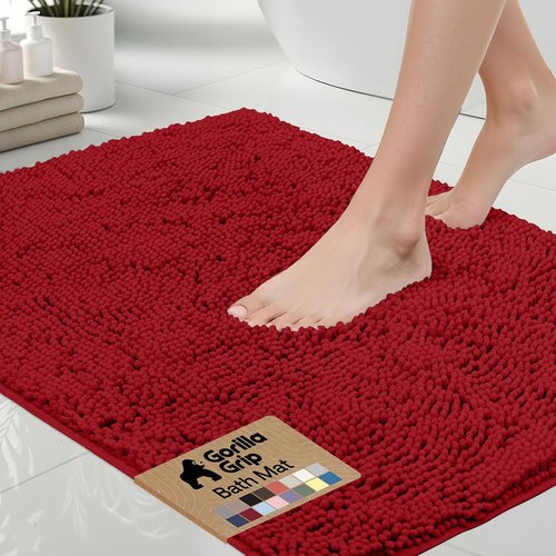 GORILLA GRIP Bath Rug Mat 44x26, Thick Soft Absorbent Chenille, Quick Dry Microfiber Mats, Rubber Backing Washable Shower Floor Rugs, Bathmat Runner, US Designed Bathroom Home Decor Accessories Red