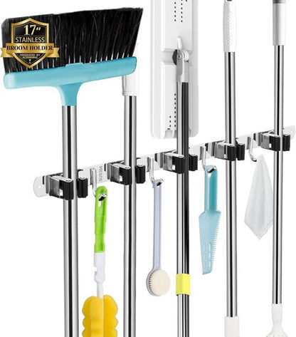 AceMining Wall Mounted Broom and Mop Holder - Heavy Duty Stainless Steel Organizer with 5 Racks & 4 Hooks
