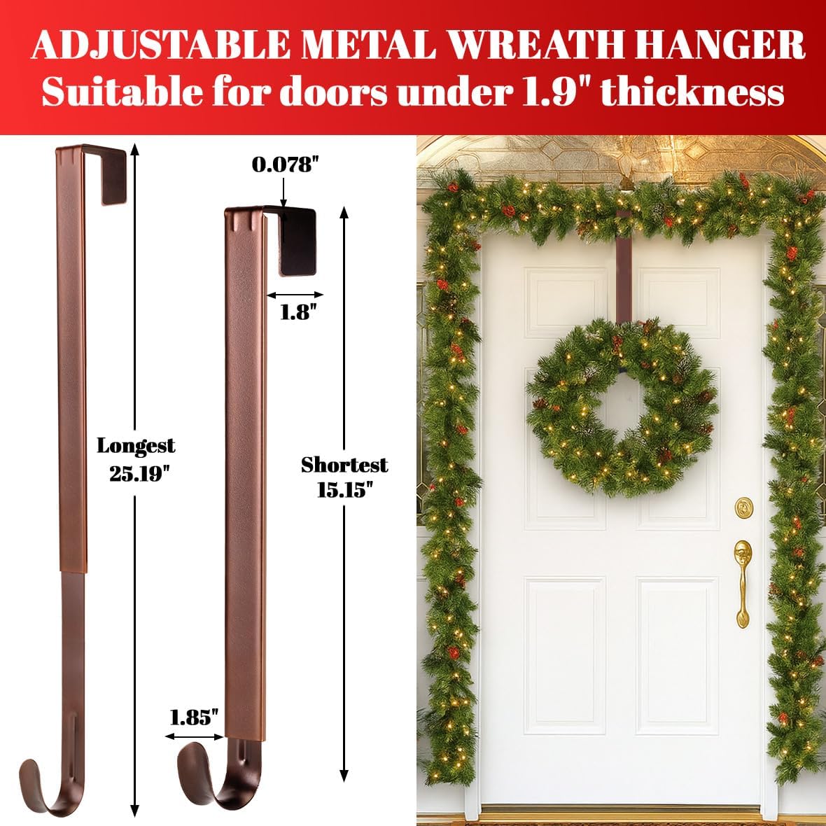 Skiennix Wreath Hanger - Adjustable Front Door Hook for Easy Holiday Decor Display