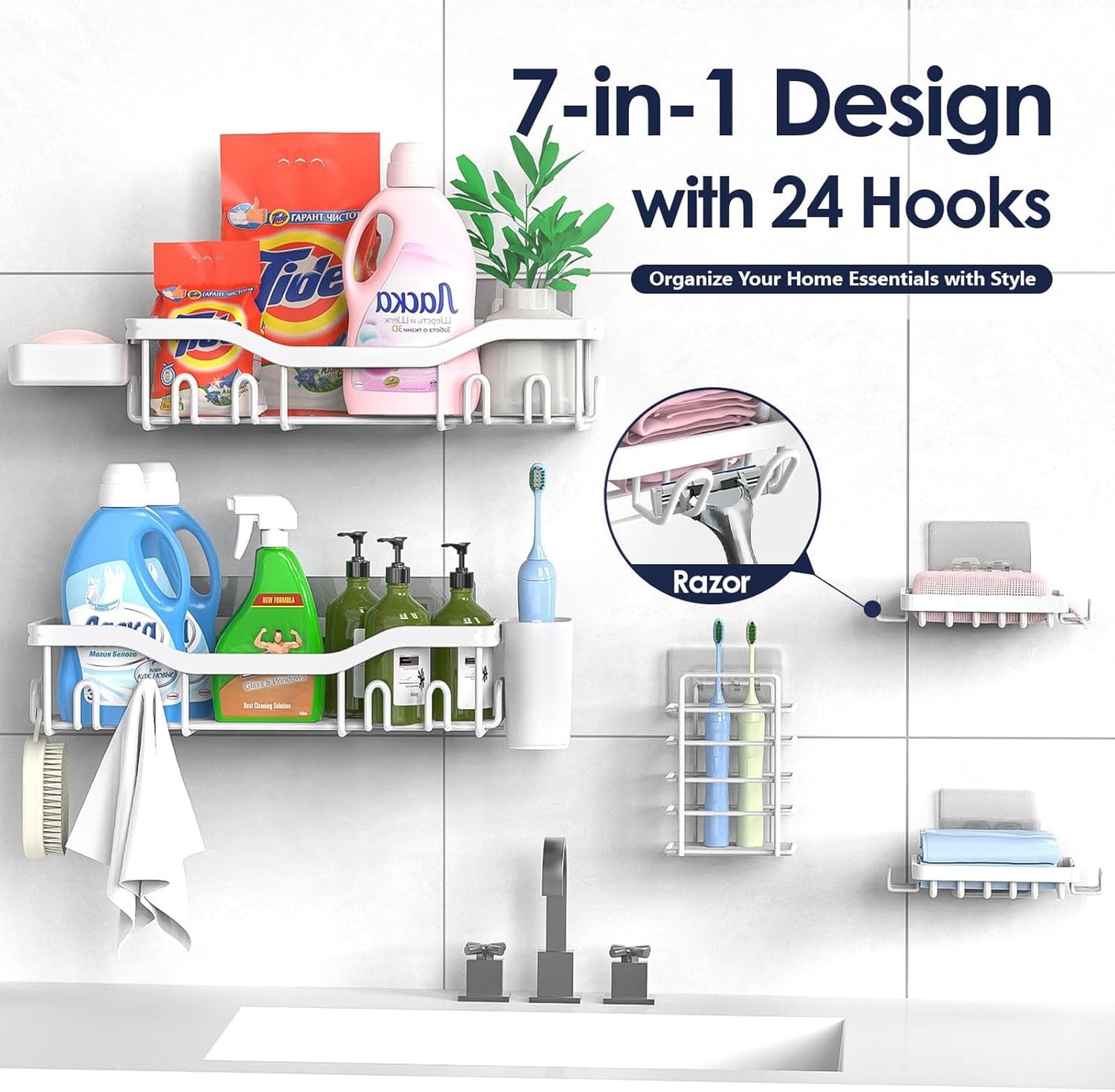 NESOMI Shower Caddy - Rustproof Stainless Steel Organizer with Large Capacity | 7-Pack No-Drill Rack