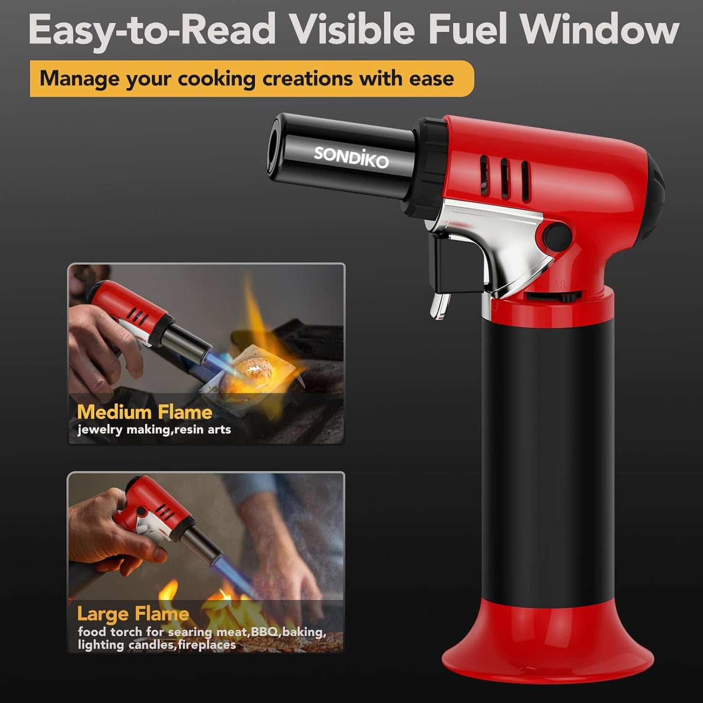 Sondiko Butane Torch Lighter - Refillable Soldering Torch with Adjustable Flame & Visible Fuel Window
