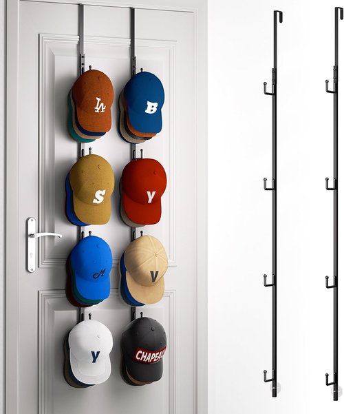 HapiRm Over Door Hat Rack - 8 Hook Organizer for 40 Caps | Stylish Black Storage Solution