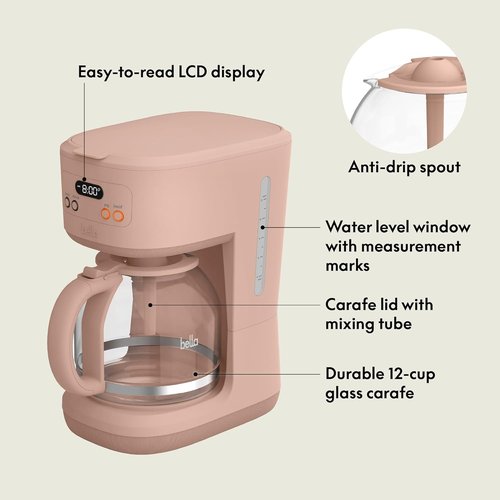 Bella 12-Cup Programmable Coffee Maker - Easy LCD Display, Auto Shutoff, Reusable Accessories, Blossom Color