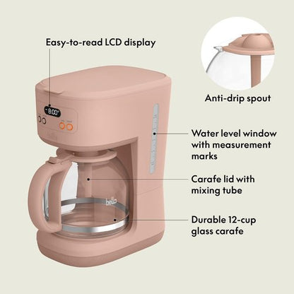 Bella 12-Cup Programmable Coffee Maker - Easy LCD Display, Auto Shutoff, Reusable Accessories, Blossom Color