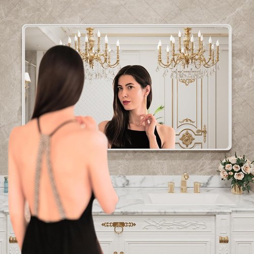 LOAAO Bathroom Mirror - 55x36 Inch White Metal Framed Rounded Rectangle | Anti-Rust Tempered Glass, Versatile Hanging Options