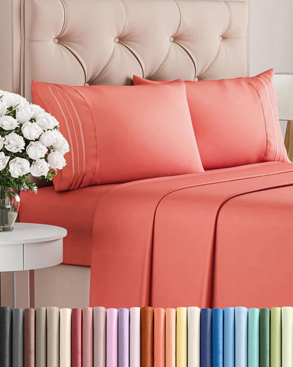 Skiennix Full Size 4-Piece Sheet Set - Ultra-Soft Cooling Bed Sheets - Hotel Luxury Bedding in Coral