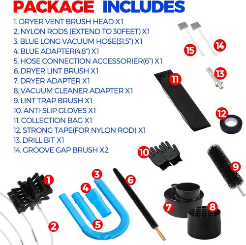 Holikme Dryer Vent Cleaner Kit - 30ft Brush, Lint Vacuum Attachment & Adapters | Efficient Blue Cleaning Solution