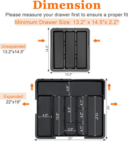 Spaclear Utensil Drawer Organizer - Expandable Silverware Holder for Kitchen | Adjustable Black Plastic Tray