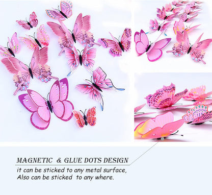 OPSEAM 3D Butterfly Wall Decor - 24 Pink Butterfly Stickers with Magnets for Party Decorations