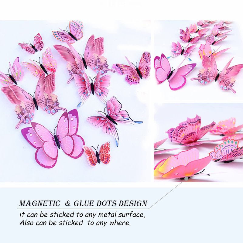 OPSEAM Butterfly Wall Decor 24/48 PCS, 3D Butterflies Stickers for Party Decorations with Magnets(Pink, 24)
