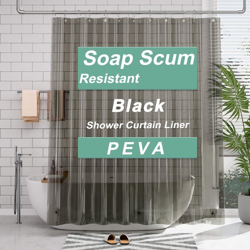 AmazerBath Transparent Black Shower Curtain Liner, 72x72 Shower Liner, Lightweight Plastic Shower Curtain Liners, Cute Waterproof Shower Liner for Bathroom with 3 Magnets and 12 Grommet Holes