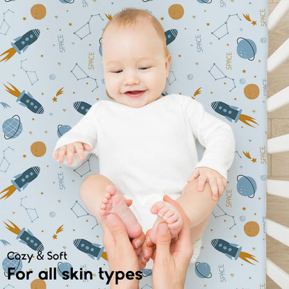 Yoofoss Fitted Pack and Play Sheets - Soft, Breathable Mini Crib Sheets 2-Pack in Blue Rocket Design