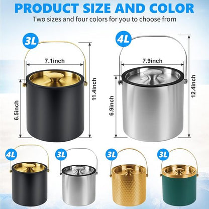 Ice Bucket, Ice Bucket with Silicone Sealing Ring Double-Wall Vacuum Insulation Champagne Buckets with Filter Layer Ice Tongs Ice Scoop (Silver, 3 L)