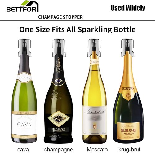 Champagne Stoppers with Stainless Steel Champagne Saver with Food Grade Silicone Leak proof Keep Fresh Suitable for Champagne, Cava, Prosecco and Sparkling(Silver, 6 Pack)