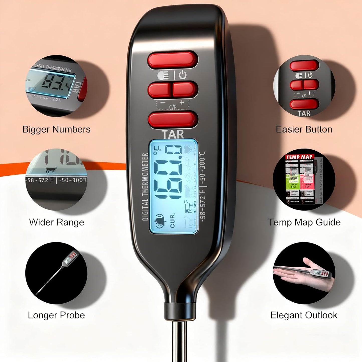 Antonki Digital Meat Thermometer - Instant Read Food Thermometer with Long Probe for Cooking & Grilling | Backlit Display Included