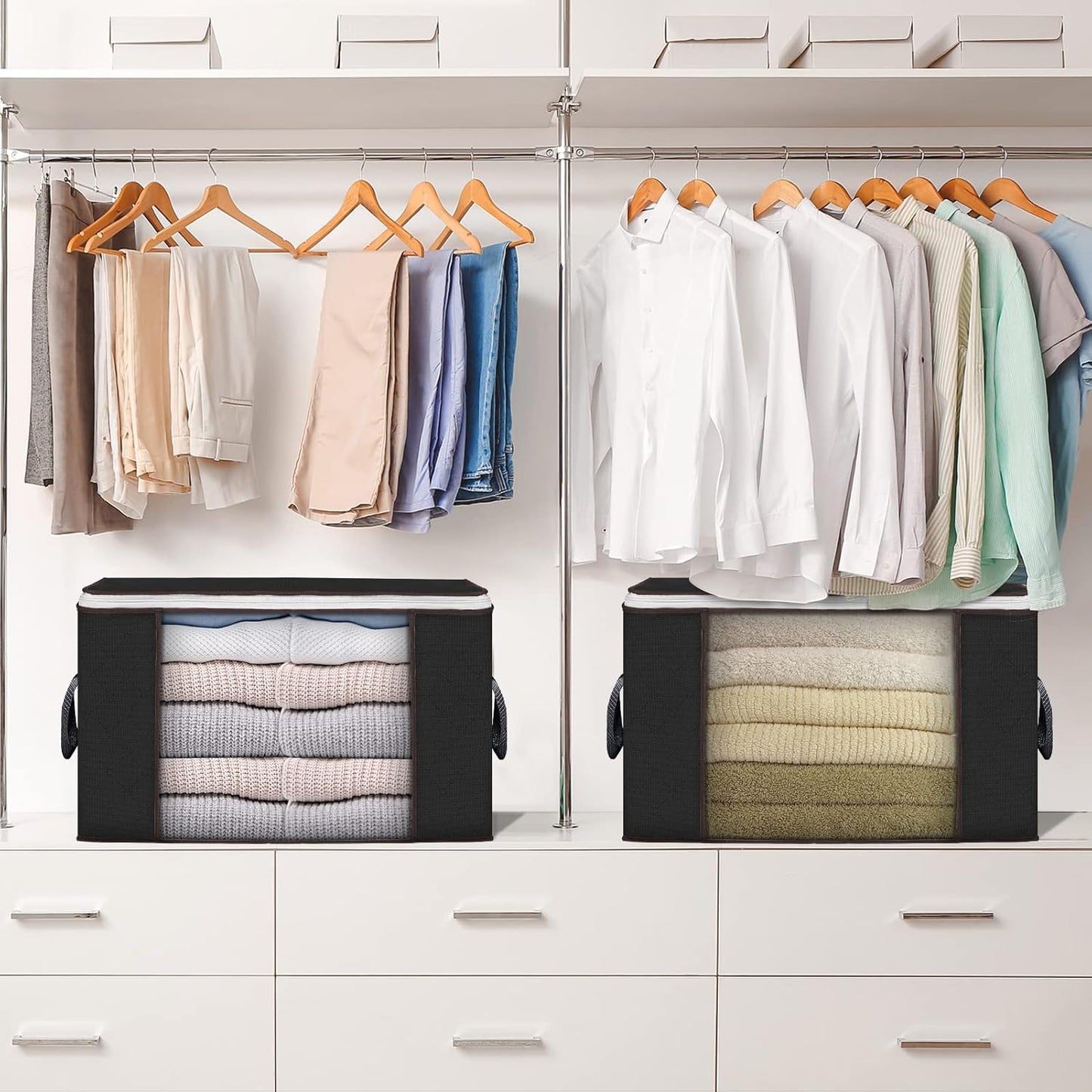 Skiennix Large Storage Bags - 6 Pack Foldable Closet Organizers with Durable Handles | 90L Black