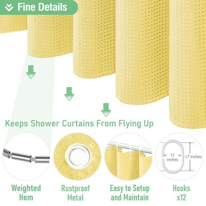 Dynamene Yellow Fabric Shower Curtain - Waffle Weave Textured Heavy Duty Cloth Shower Curtains for Bathroom, 256GSM Hotel Luxury Weighted Bath Curtain Set with 12 Hooks,72x72, Yellow