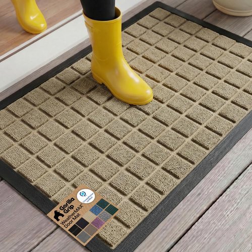 GORILLA GRIP 100% Waterproof All-Season WeatherMAX Doormat US Designed Natural Rubber, Stain and Fade Resistant, Low Profile Indoor Outdoor Door Mats, Easy Clean Patio Mat, 29x17, Taupe Grid