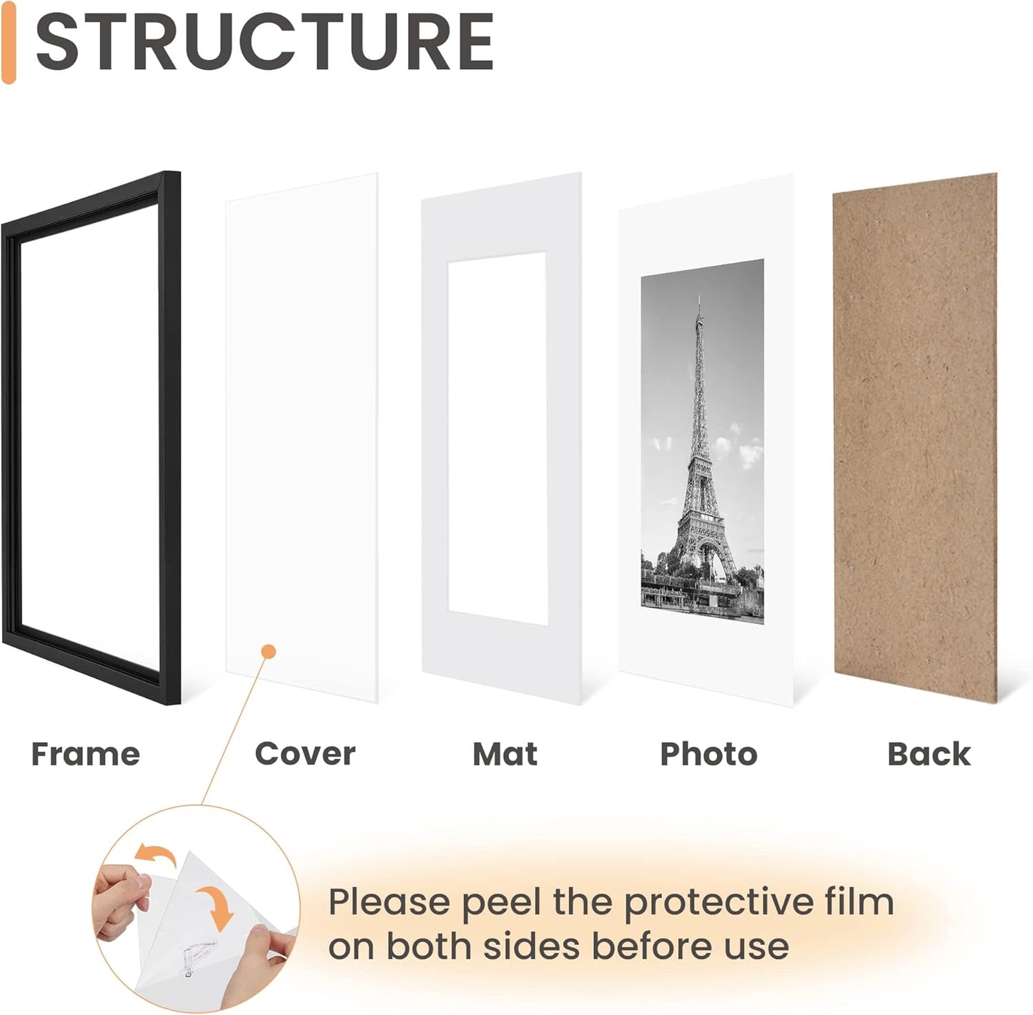 Upsimples 8.5x11 Picture Frame Set of 5 - Versatile Black Frames for 6x8 or 8.5x11 Photos