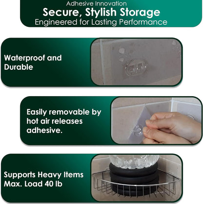 Skiennix Shower Caddy Adhesive Replacement Stickers - Strong Suction Hooks for Bathroom Storage | Large Transparent Design, 3 Hooks