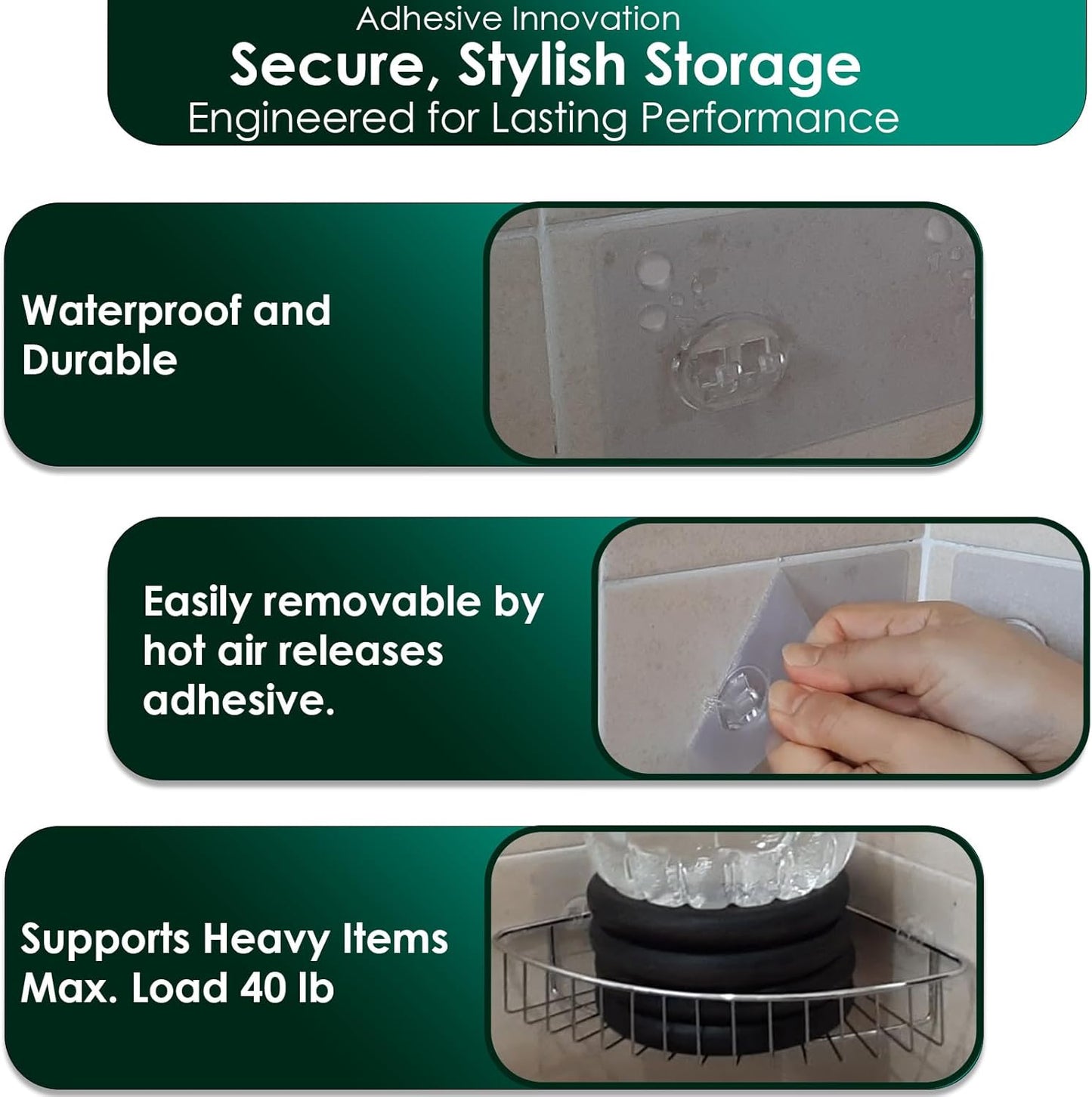 Skiennix Shower Caddy Adhesive Replacement Stickers - 4 Pack with 3 Hooks for Easy Installation
