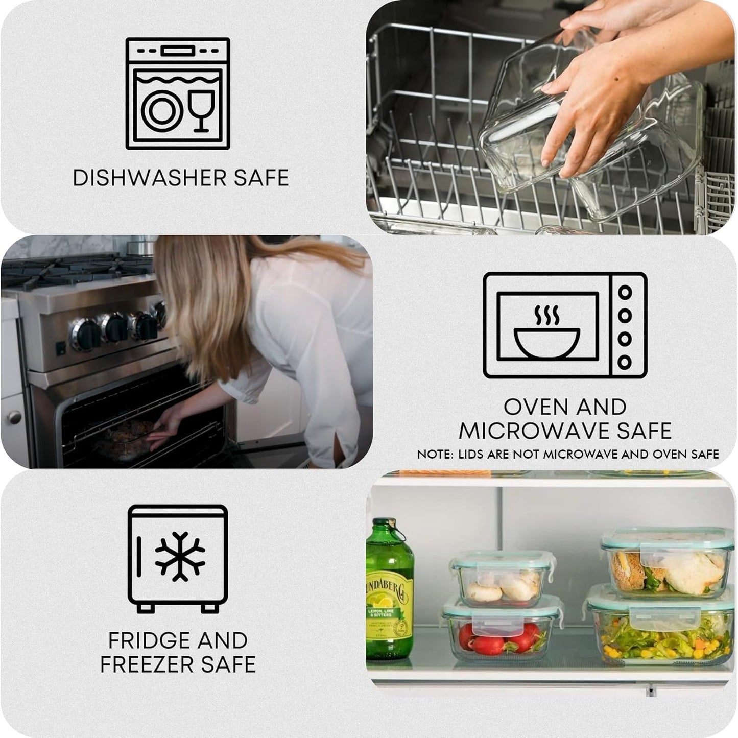 Razab Glass Food Storage Containers Set - 6 PC Airtight Lids, 74/40/18 oz | Reusable Meal Prep, Oven & Dishwasher Safe