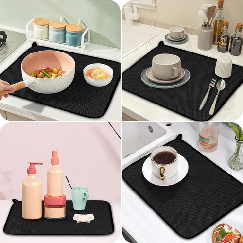 GeeRic Microfiber Dish Drying Mat - Super Absorbent Reversible Kitchen Pad | 12x16 Inch Black