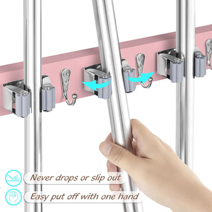 OUTNILI Pink Mop Broom Holder - Wall Mount Organizer with 4 Slots & Hooks for Kitchen Decor