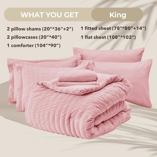 HYMOKEGE King Size Comforter Set - 7-Piece Luxury Bedding Set in Pink | All-Season Seersucker Design