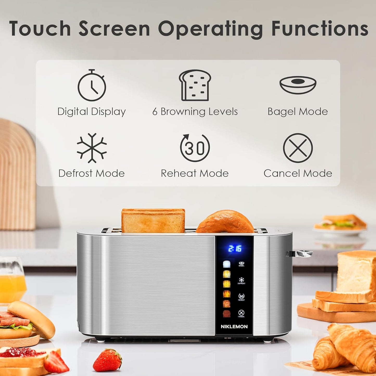 NIKLEMON Stainless Steel 4-Slice Toaster - LED Display, Extra Wide Slots, Touch Buttons, 1300W