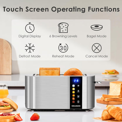 NIKLEMON Stainless Steel 4-Slice Toaster - LED Display, Extra Wide Slots, Touch Buttons, 1300W