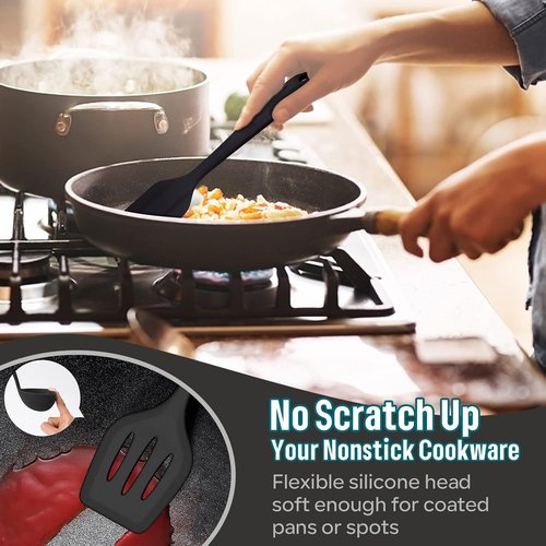 E-far Silicone Cooking Utensils Set - 7-Piece Heat Resistant Nonstick Kitchen Tools | Black & Dishwasher Safe