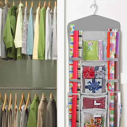 ProPik Christmas Wrapping Paper Storage Organizer - Double-Sided with Multiple Pockets, 40"X17" Clear PVC Bag (Grey)