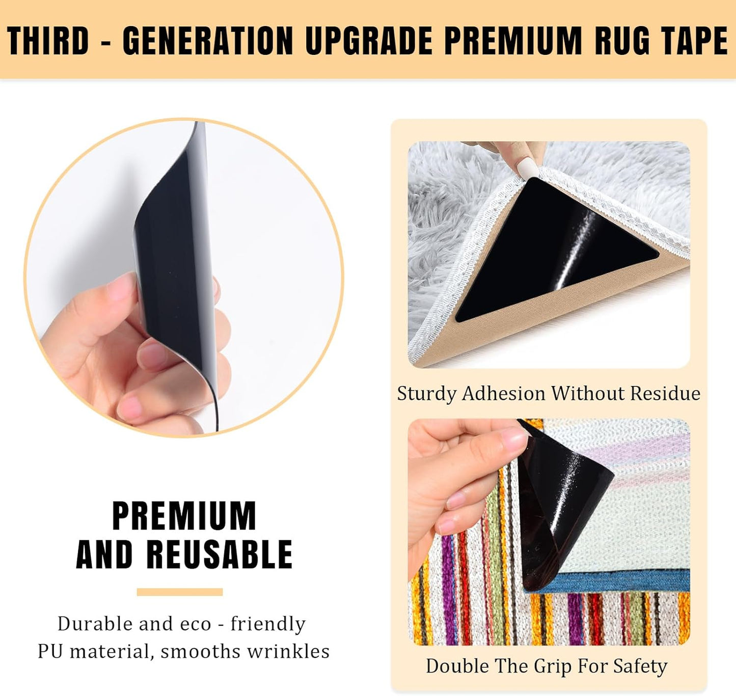 Skiennix Premium Carpet Tape - Non-Slip Rug Adhesive for Hardwood Floors & Tiles | 12 Pcs, Black