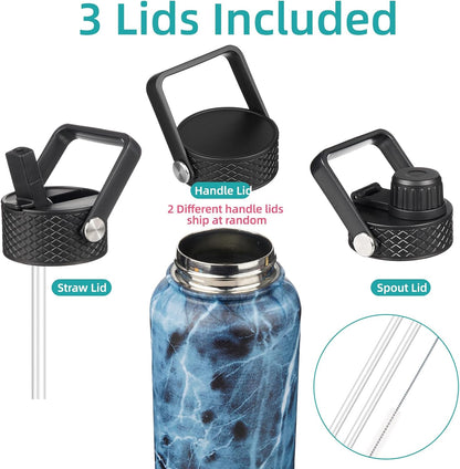 Skiennix 40oz Insulated Stainless Steel Water Bottle - Marble Ocean Finish with 3 Lids