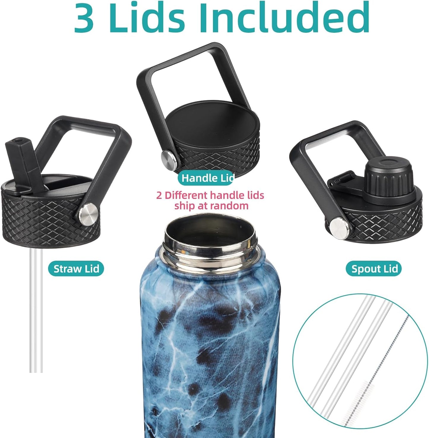 Skiennix 32 oz Insulated Stainless Steel Water Bottle - Marble Ocean Design with 3 Lids